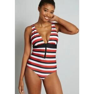ModCloth Small The Dharla One-Piece Swimsuit Red White Stripe Deep V Neck